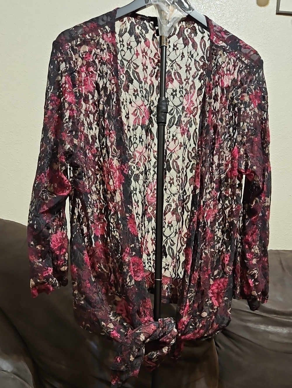 Floral Sheer Lace Tie-Front Cardigan - Pink on Black